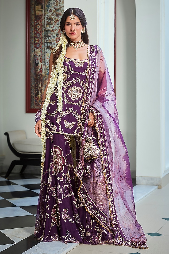 Jamun Purple Silk Organza Floral Embroidered Bridal Sharara Set by Mahima Mahajan at Pernia's Pop Up Shop