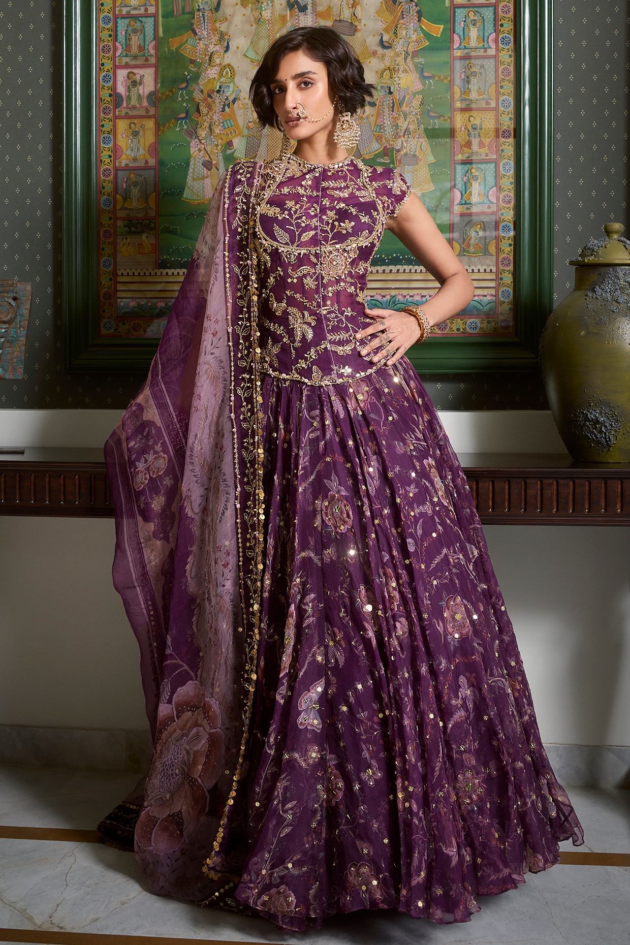 Mahima Mahajan Jamun Purple Silk Organza Floral Embroidered Corset Anarkali