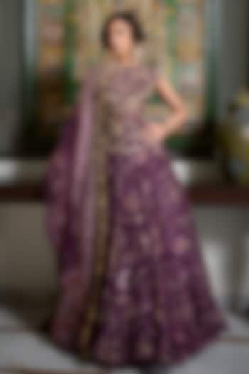 Jamun Purple Silk Organza Floral Embroidered Corset Bridal Anarkali by Mahima Mahajan at Pernia's Pop Up Shop