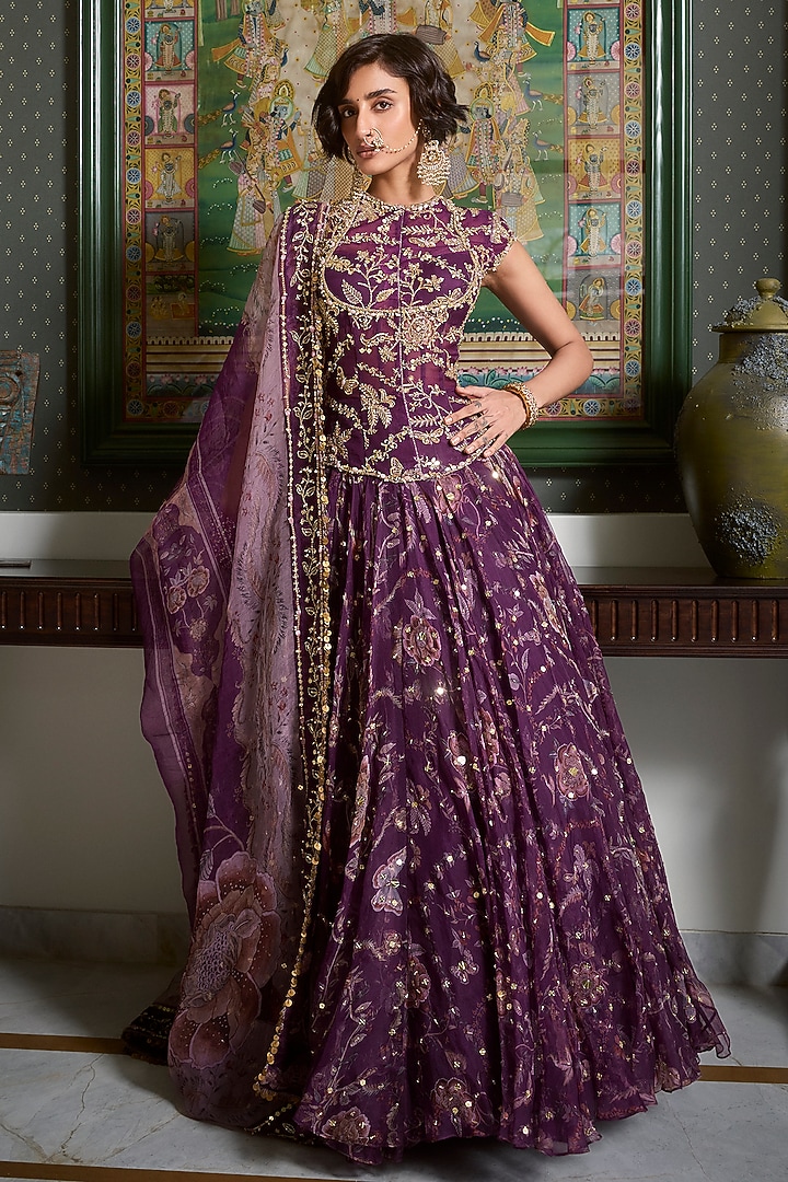 Jamun Purple Silk Organza Floral Embroidered Corset Bridal Anarkali by Mahima Mahajan at Pernia's Pop Up Shop