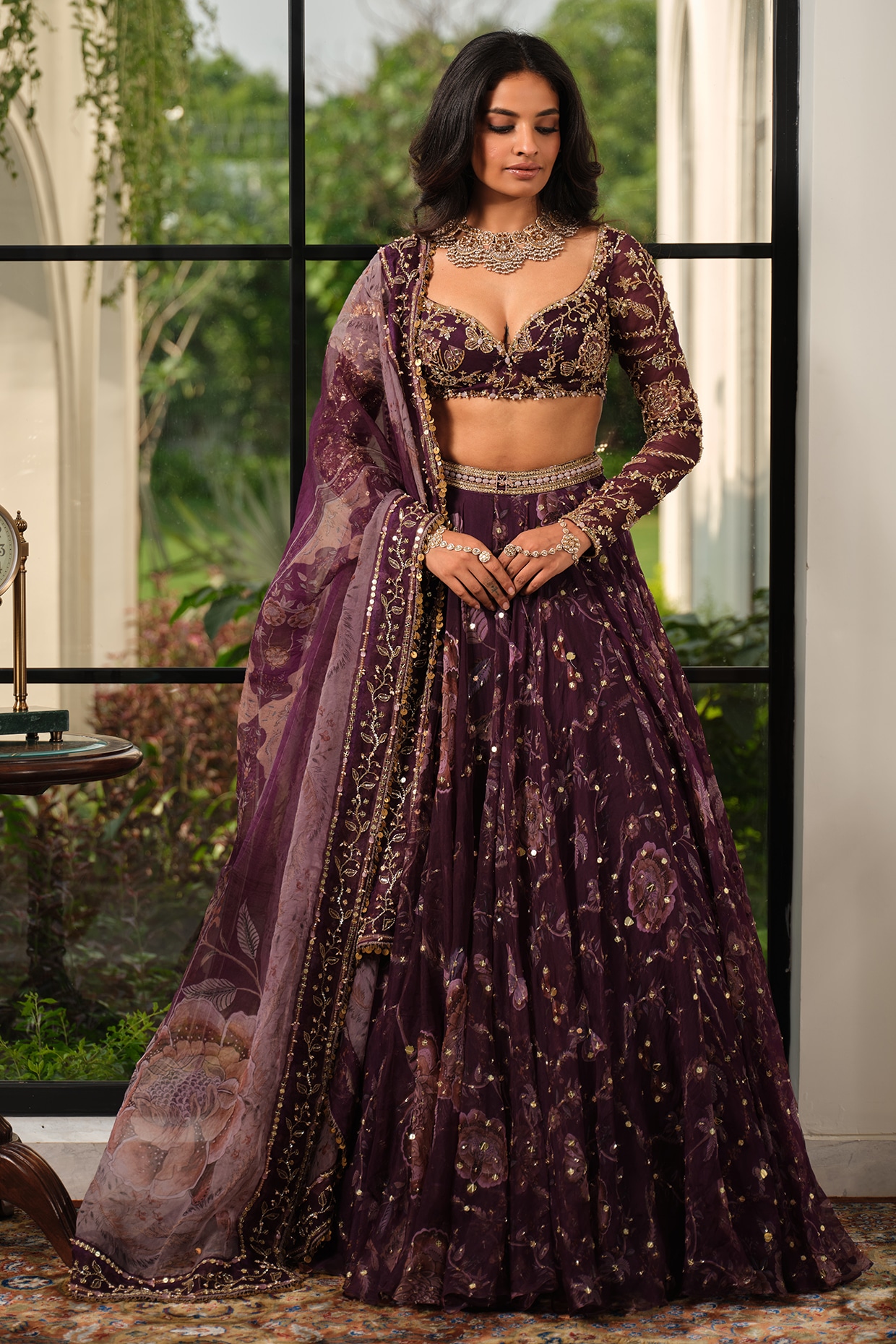 Mahima Mahajan Jamun Purple Silk Organza Floral Embroidered Lehenga Set
