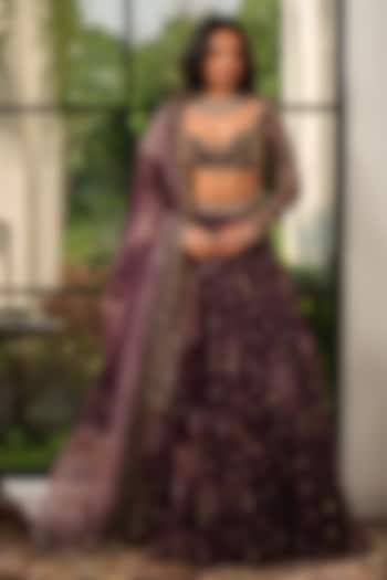 Jamun Purple Silk Organza Floral Embroidered Bridal Lehenga Set by Mahima Mahajan at Pernia's Pop Up Shop