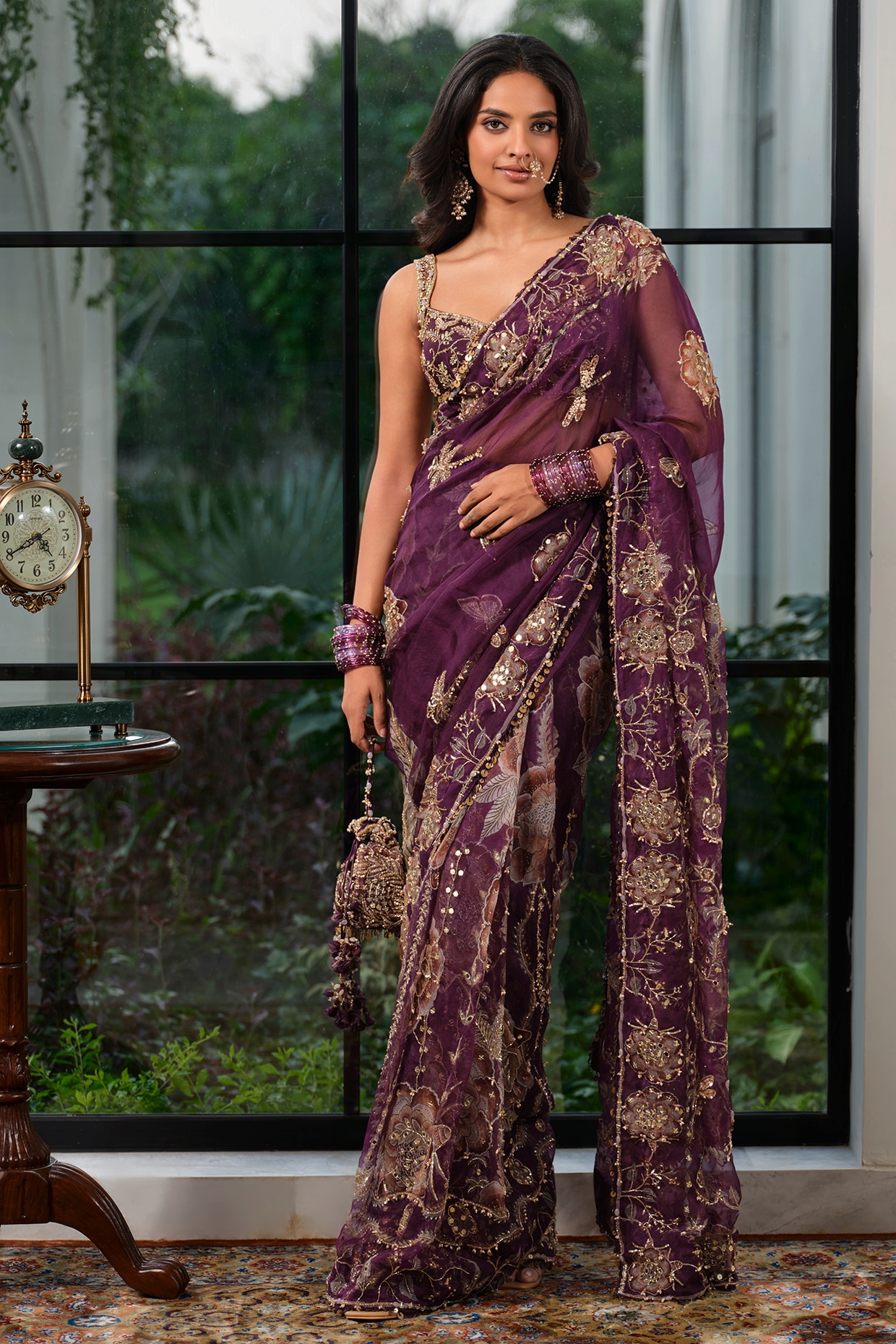 Mahima Mahajan Jamun Purple Silk Organza Embroidered Saree Set