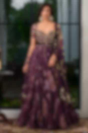 Jamun Purple Silk Organza Sequins Embroidered Bridal Anarkali Set by Mahima Mahajan at Pernia's Pop Up Shop