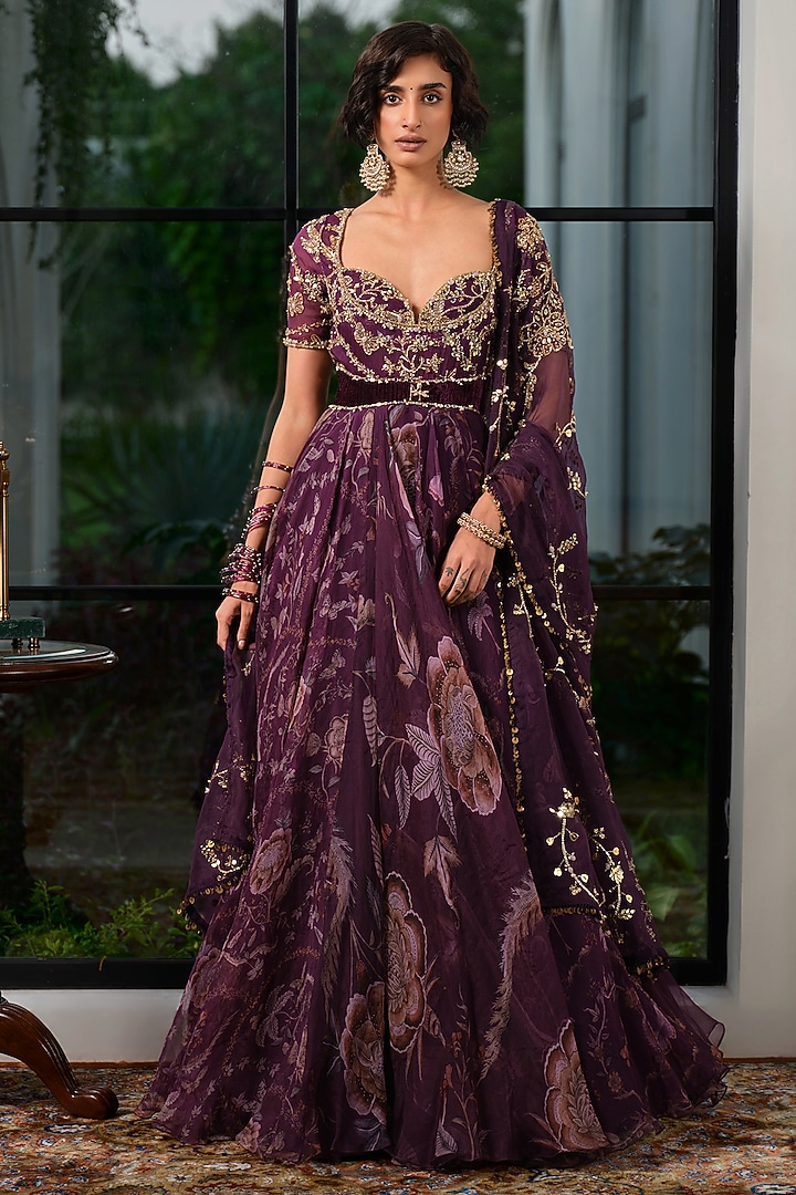 Jamun Purple Silk Organza Sequins Embroidered Bridal Anarkali Set by Mahima Mahajan at Pernia's Pop Up Shop
