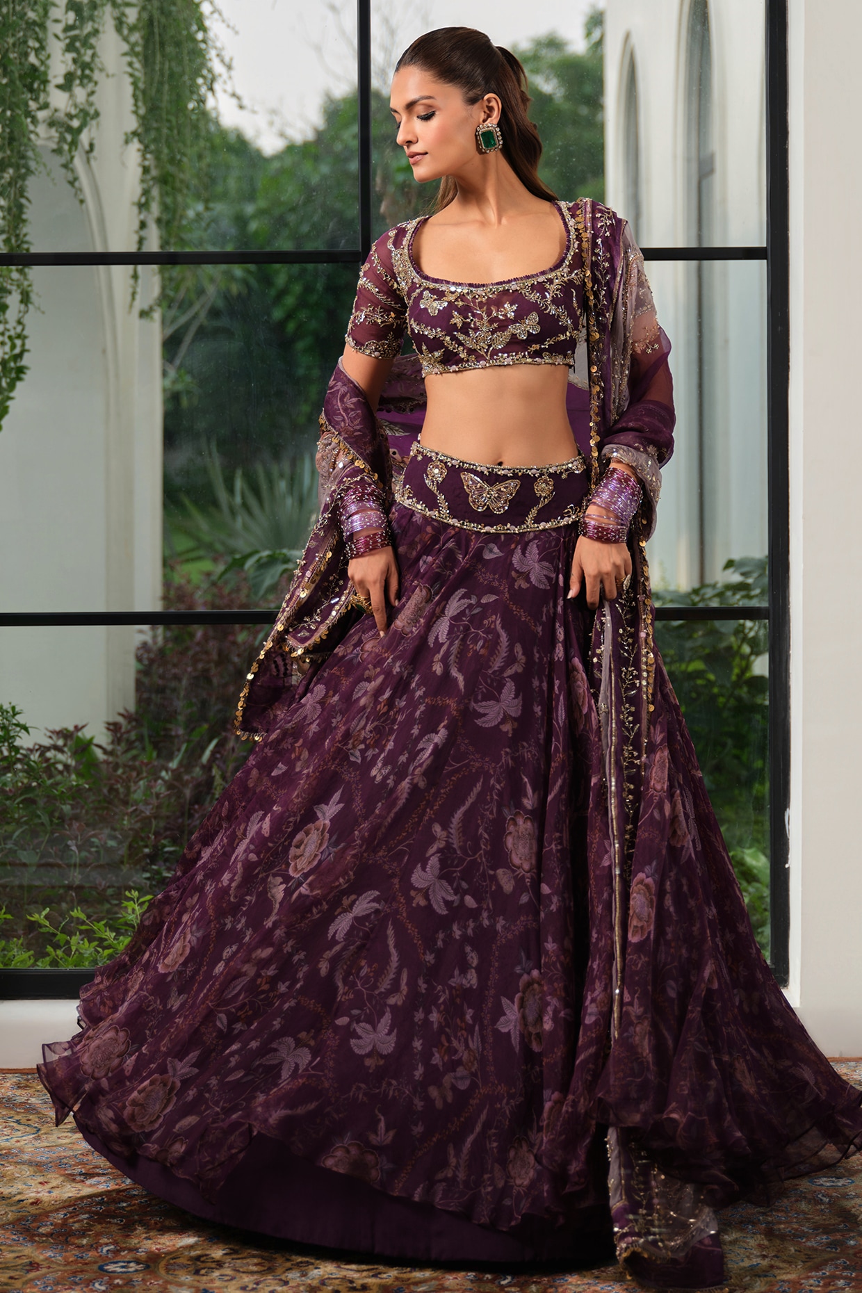 Mahima Mahajan Jamun Purple Silk Organza Floral Printed Lehenga Set