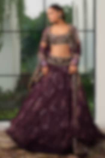 Jamun Purple Silk Organza Floral Printed Wedding Lehenga Set by Mahima Mahajan at Pernia's Pop Up Shop