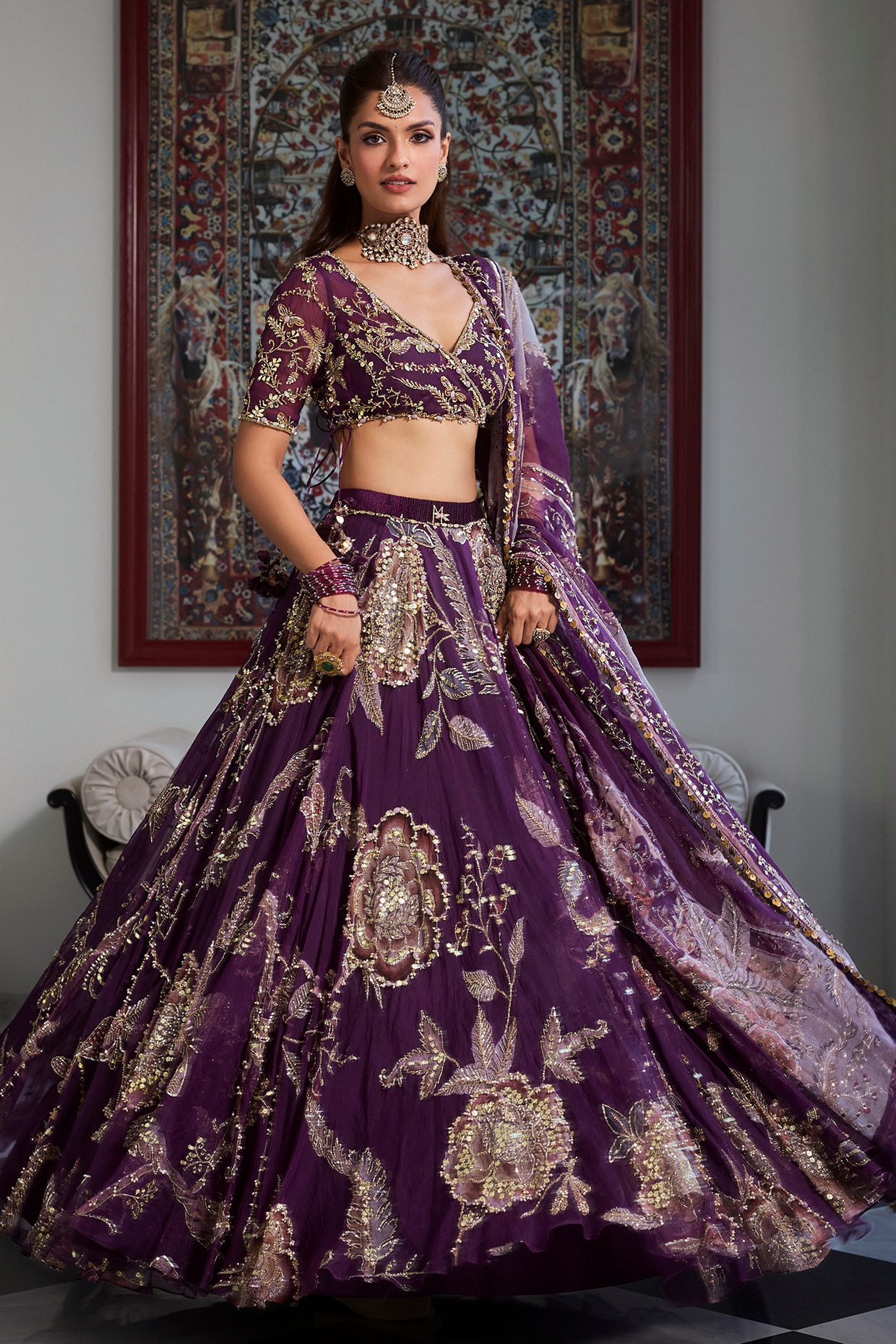 Mahima Mahajan Jamun Purple Silk Organza Embellished Bridal Lehenga Set