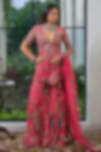 Rani Pink Silk Organza Thread Embroidered Tiered Bridal Sharara Set by Mahima Mahajan at Pernia's Pop Up Shop
