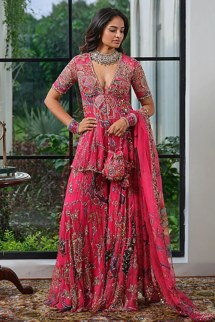 Rani Pink Silk Organza Thread Embroidered Tiered Bridal Sharara Set by Mahima Mahajan at Pernia's Pop Up Shop