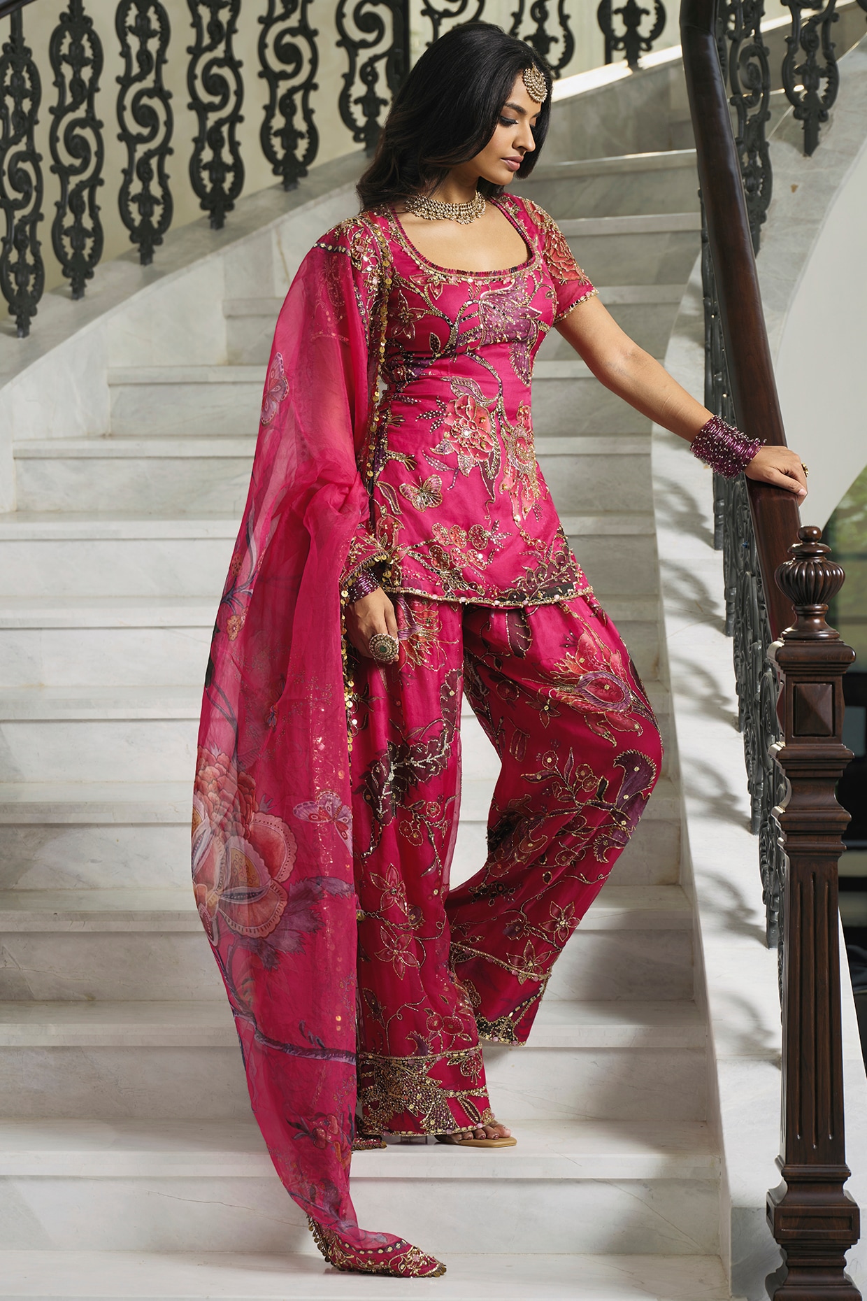 Mahima Mahajan Rani Pink Silk Organza Embroidered Straight Kurta Set