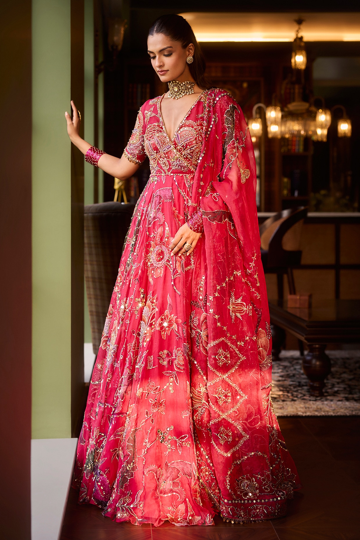 Mahima Mahajan Rani Pink Silk Organza Embroidered Angrakha Anarkali Set