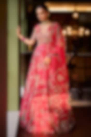 Rani Pink Silk Organza Embroidered Angrakha Bridal Anarkali Set by Mahima Mahajan at Pernia's Pop Up Shop