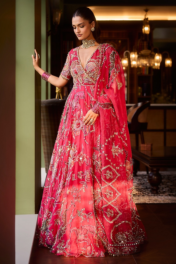 Rani Pink Silk Organza Embroidered Angrakha Bridal Anarkali Set by Mahima Mahajan at Pernia's Pop Up Shop