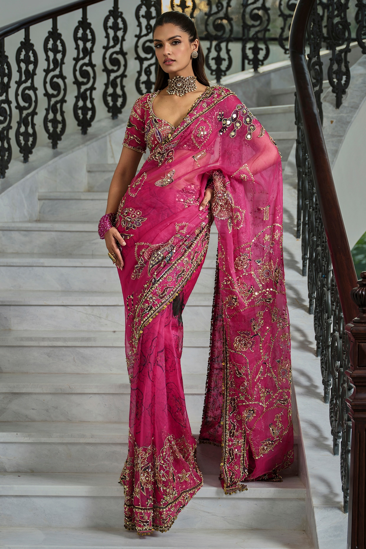 Mahima Mahajan Rani Pink Silk Organza Mirror Embroidered Saree Set