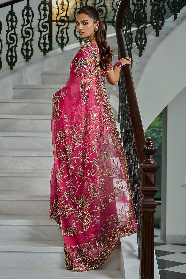 Rani Pink Silk Organza Mirror Embroidered Reception Saree Set by Mahima Mahajan at Pernia's Pop Up Shop