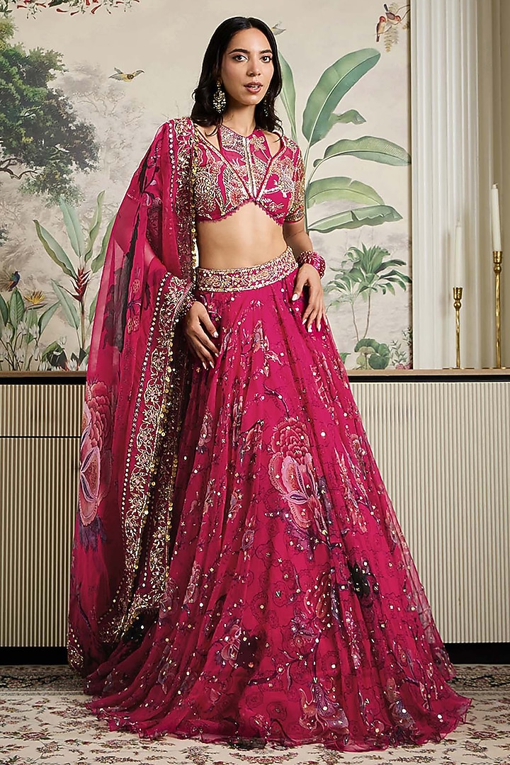 Rani Pink Silk Organza Embellished Wedding Lehenga Set by Mahima Mahajan at Pernia's Pop Up Shop