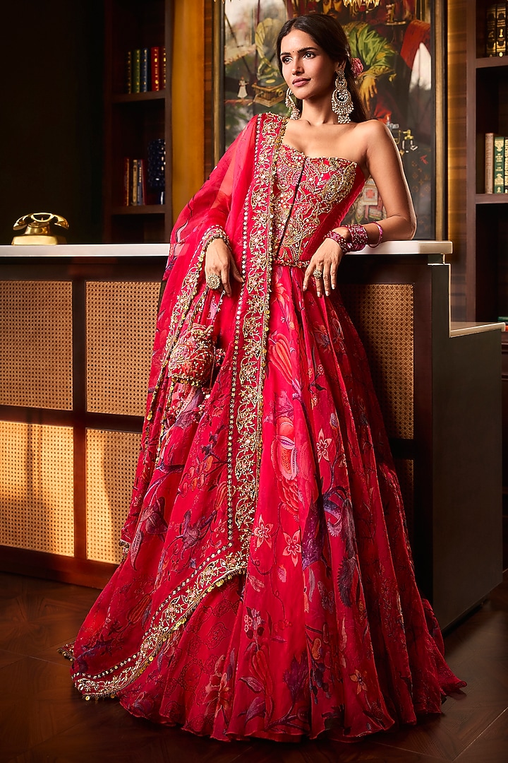 Rani Pink Silk Organza Embroidered Wedding Lehenga Set by Mahima Mahajan at Pernia's Pop Up Shop