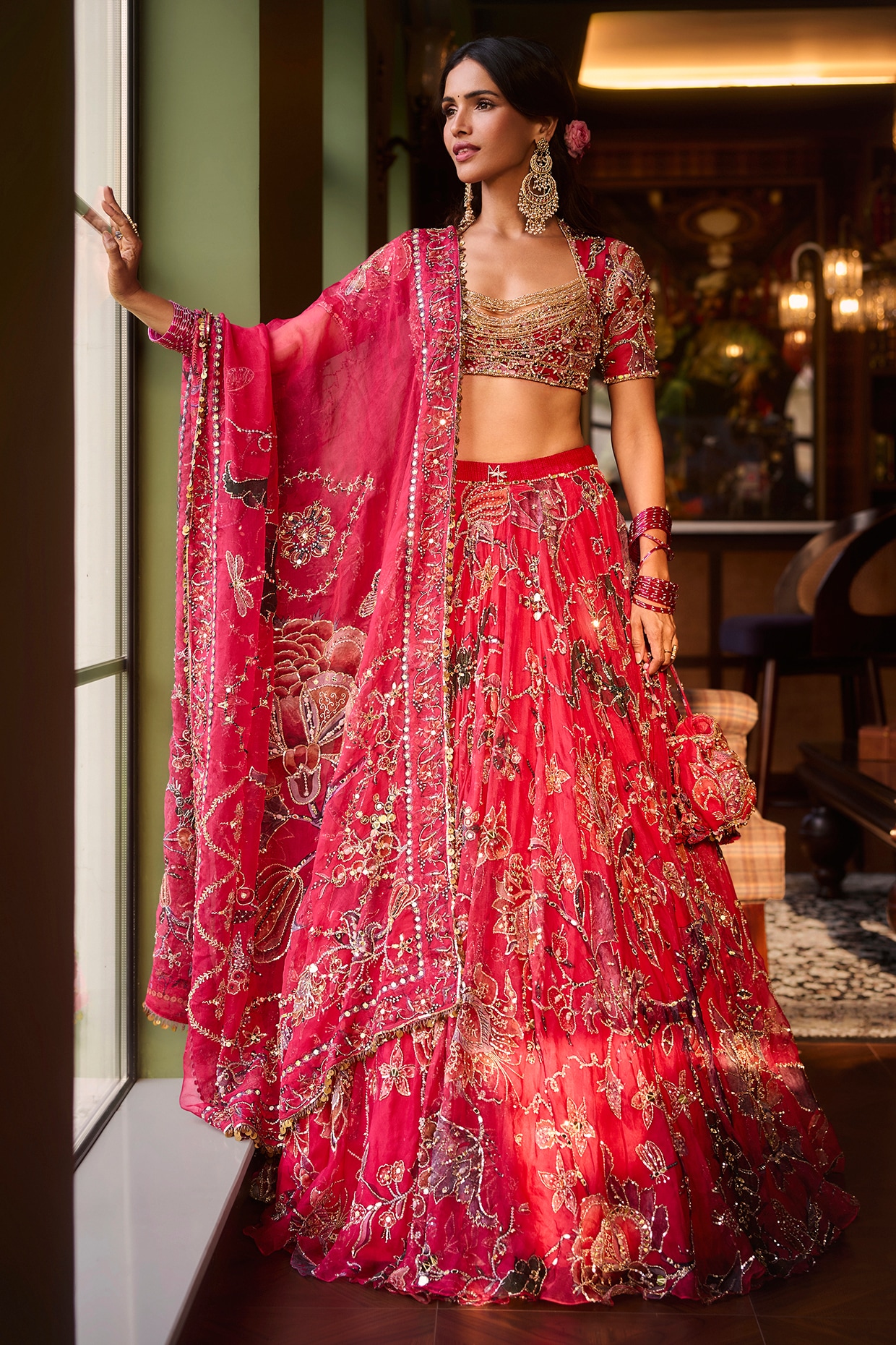 Mahima Mahajan Rani Pink Silk Organza Embroidered Lehenga Set