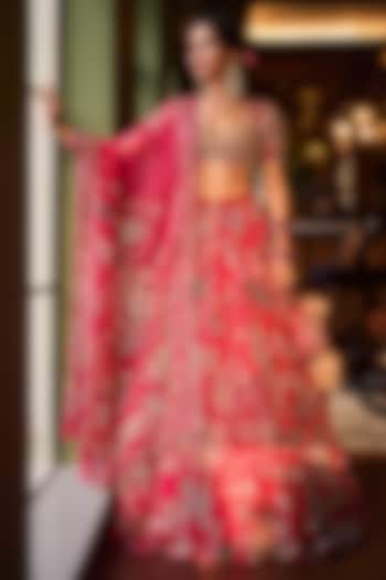 Rani Pink Silk Organza Embroidered Bridal Lehenga Set by Mahima Mahajan at Pernia's Pop Up Shop