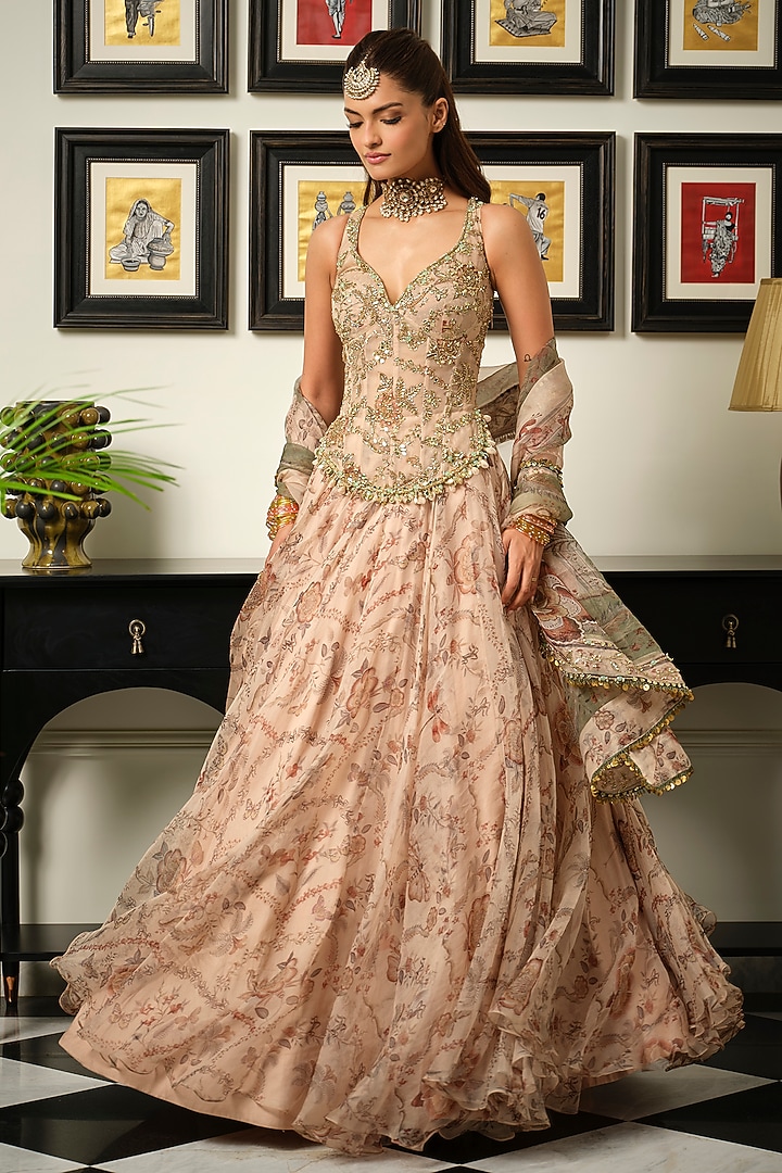Malai Beige Silk Organza Embroidered Bridal Anarkali Set by Mahima Mahajan at Pernia's Pop Up Shop