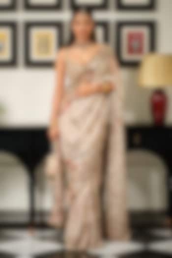 Malai Beige Silk Organza Floral Printed Reception Saree Set by Mahima Mahajan at Pernia's Pop Up Shop
