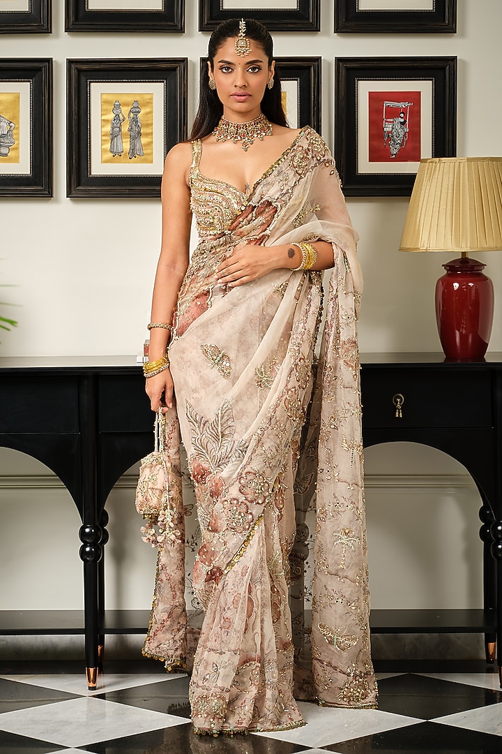 Malai Beige Silk Organza Floral Printed Reception Saree Set by Mahima Mahajan at Pernia's Pop Up Shop