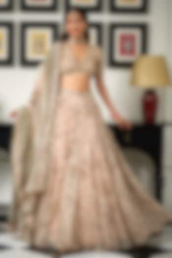 Malai Beige Silk Organza Mirror Embroidered Bridal Lehenga Set by Mahima Mahajan at Pernia's Pop Up Shop