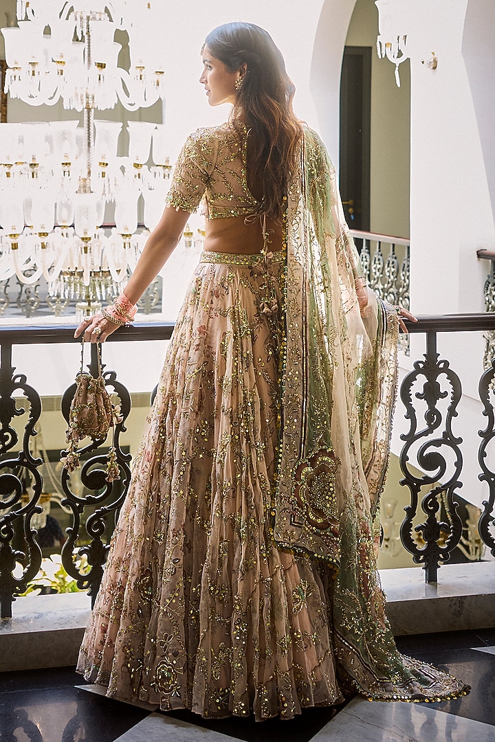 Malai Beige Silk Organza Mirror Embroidered Bridal Lehenga Set by Mahima Mahajan at Pernia's Pop Up Shop