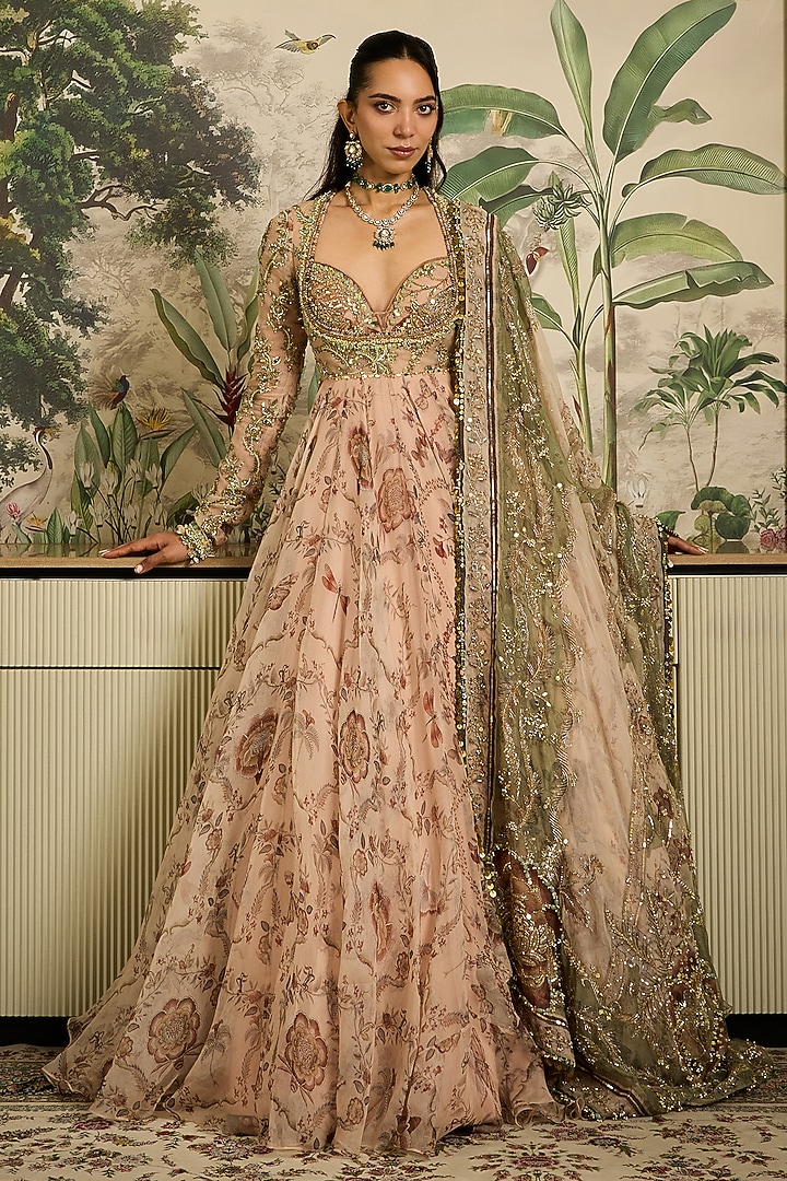 Malai Beige Silk Organza Embroidered Bridal Anarkali Set by Mahima Mahajan at Pernia's Pop Up Shop