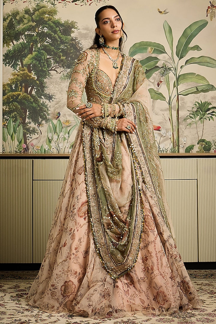 Malai Beige Silk Organza Embroidered Bridal Anarkali Set by Mahima Mahajan at Pernia's Pop Up Shop