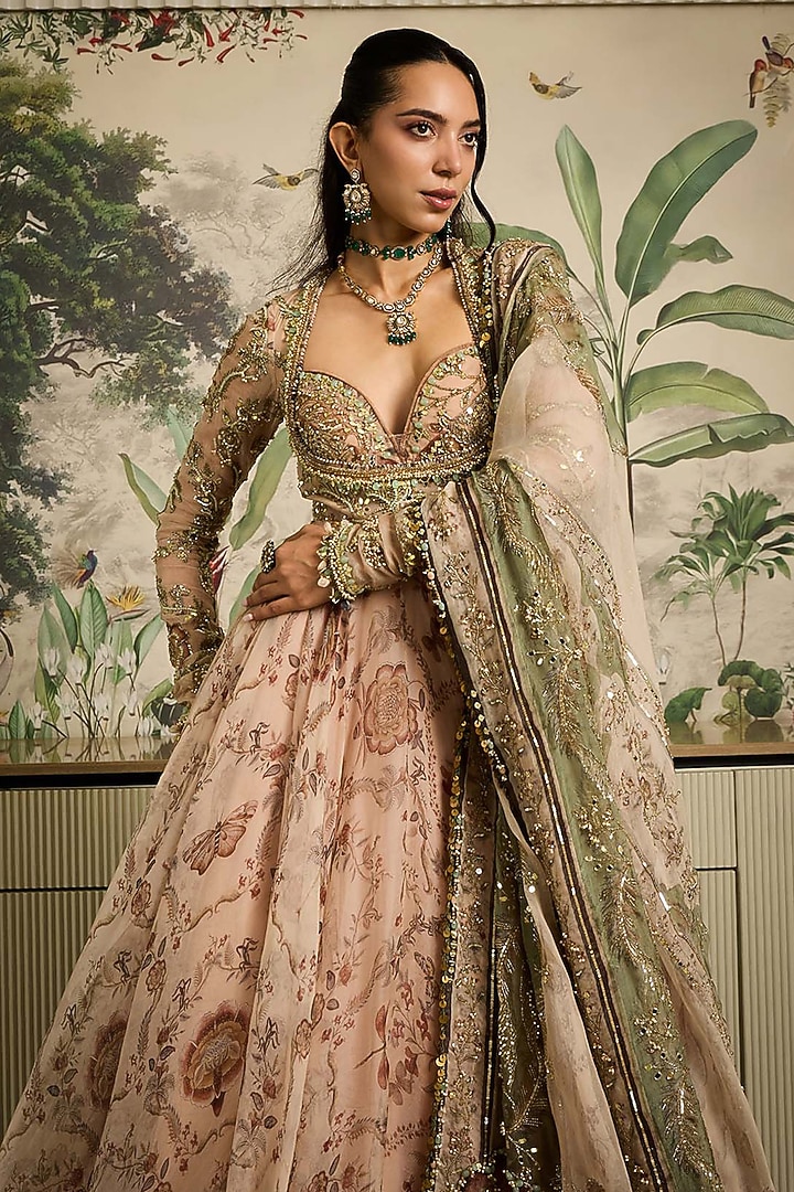 Malai Beige Silk Organza Embroidered Bridal Anarkali Set by Mahima Mahajan at Pernia's Pop Up Shop