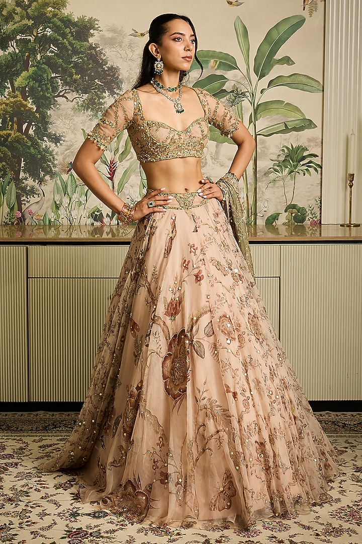 Malai Beige Silk Organza Printed & Embroidered Wedding Lehenga Set by Mahima Mahajan at Pernia's Pop Up Shop