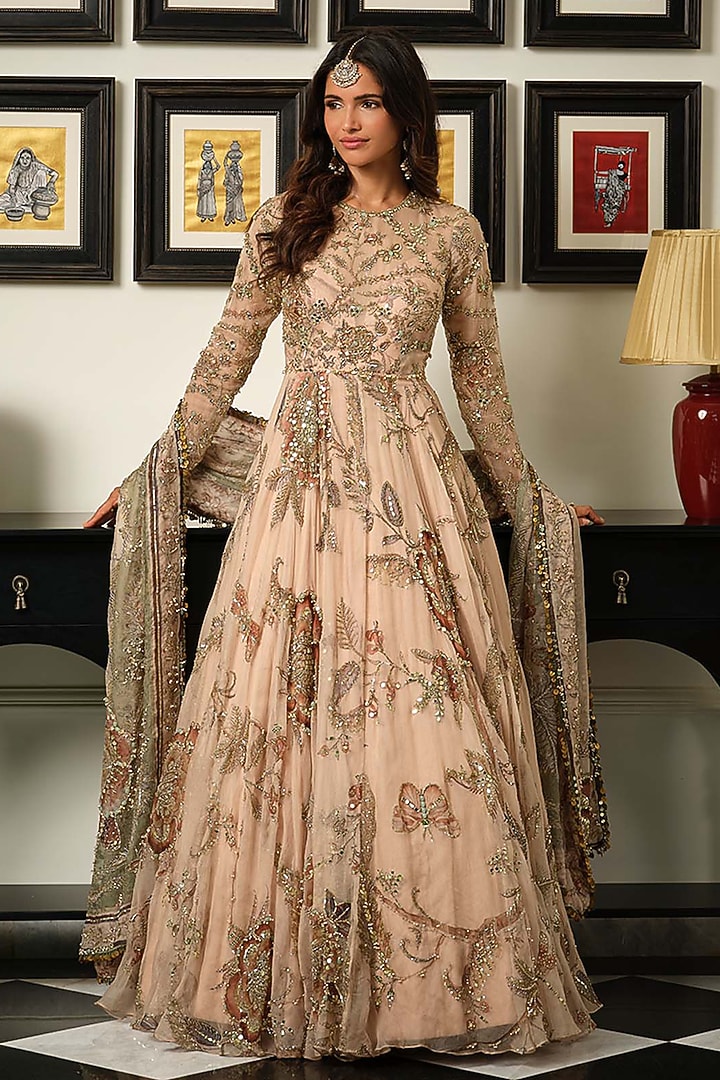 Malai Beige Silk Organza Embroidered Bridal Anarkali Set by Mahima Mahajan at Pernia's Pop Up Shop