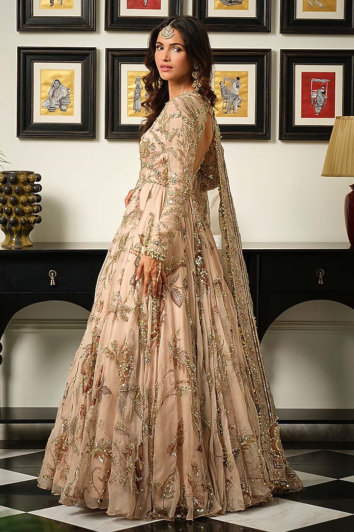 Malai Beige Silk Organza Embroidered Bridal Anarkali Set by Mahima Mahajan at Pernia's Pop Up Shop