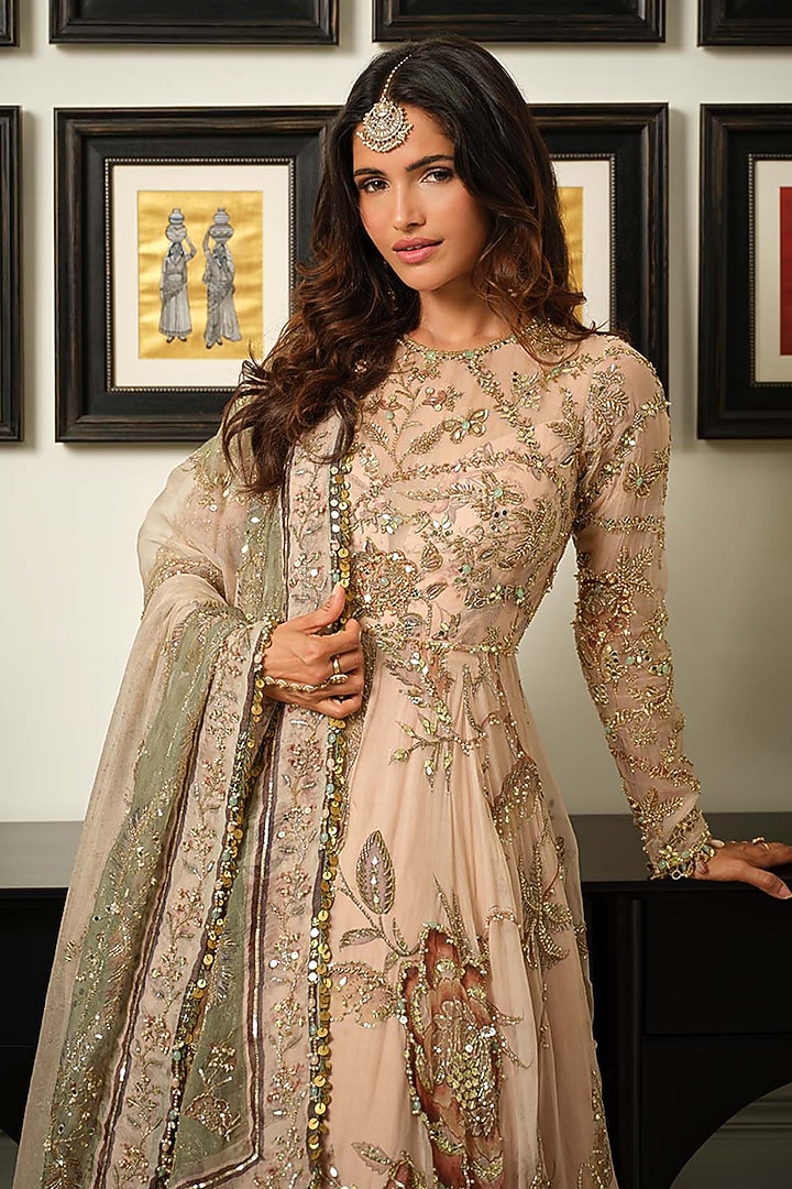 Malai Beige Silk Organza Embroidered Bridal Anarkali Set by Mahima Mahajan at Pernia's Pop Up Shop