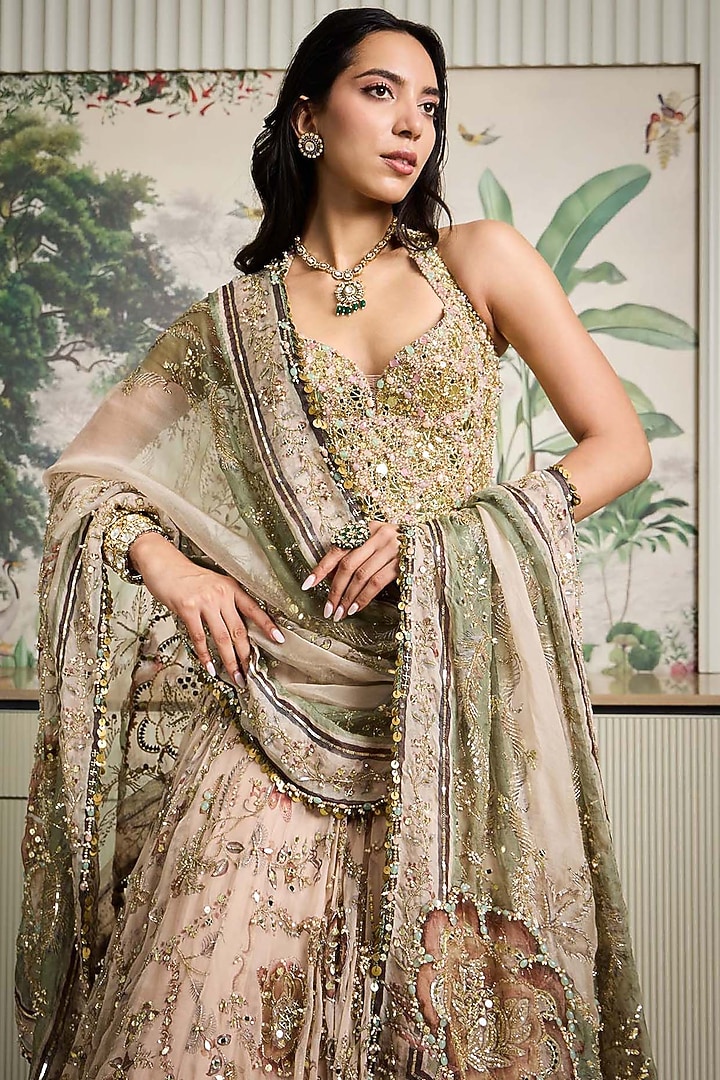 Malai Beige Silk Organza Printed Bridal Lehenga Set by Mahima Mahajan at Pernia's Pop Up Shop
