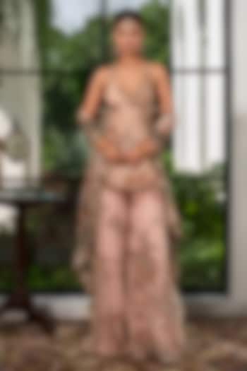 Malai Beige Silk Organza Floral Embroidered Bridal Sharara Set by Mahima Mahajan at Pernia's Pop Up Shop