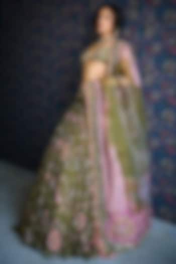 Heena Green Silk Organza Printed & Embroidered Wedding Lehenga Set by Mahima Mahajan at Pernia's Pop Up Shop