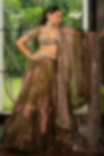 Heena Green Silk Organza Floral Printed Wedding Lehenga Set by Mahima Mahajan at Pernia's Pop Up Shop