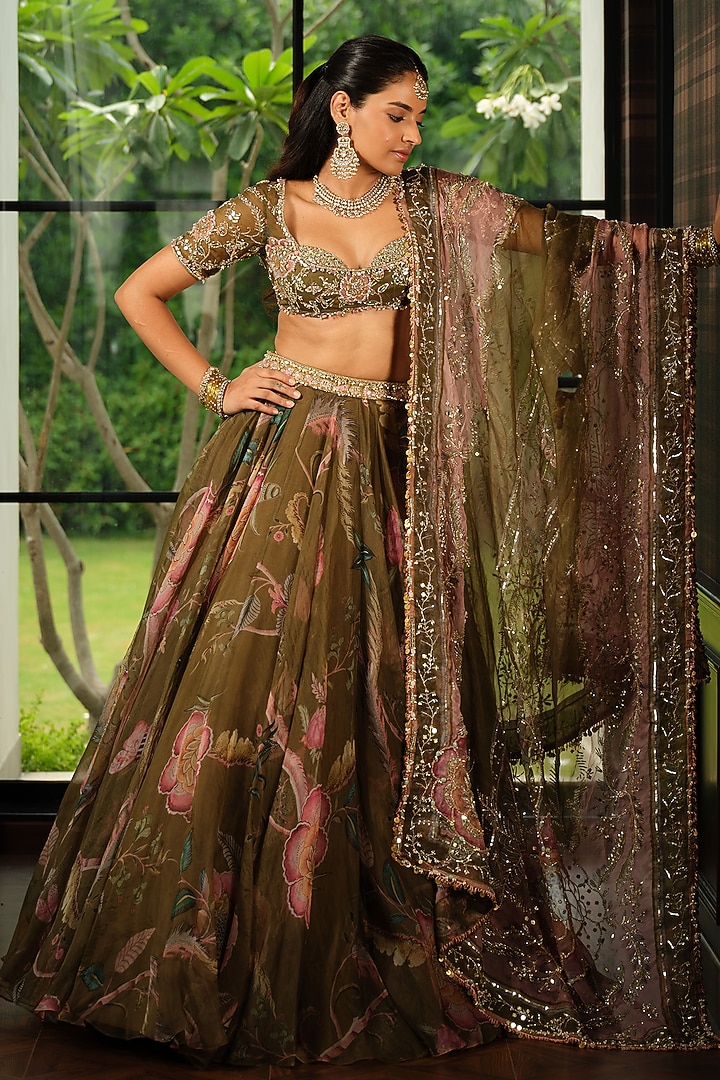 Heena Green Silk Organza Floral Printed Wedding Lehenga Set by Mahima Mahajan at Pernia's Pop Up Shop
