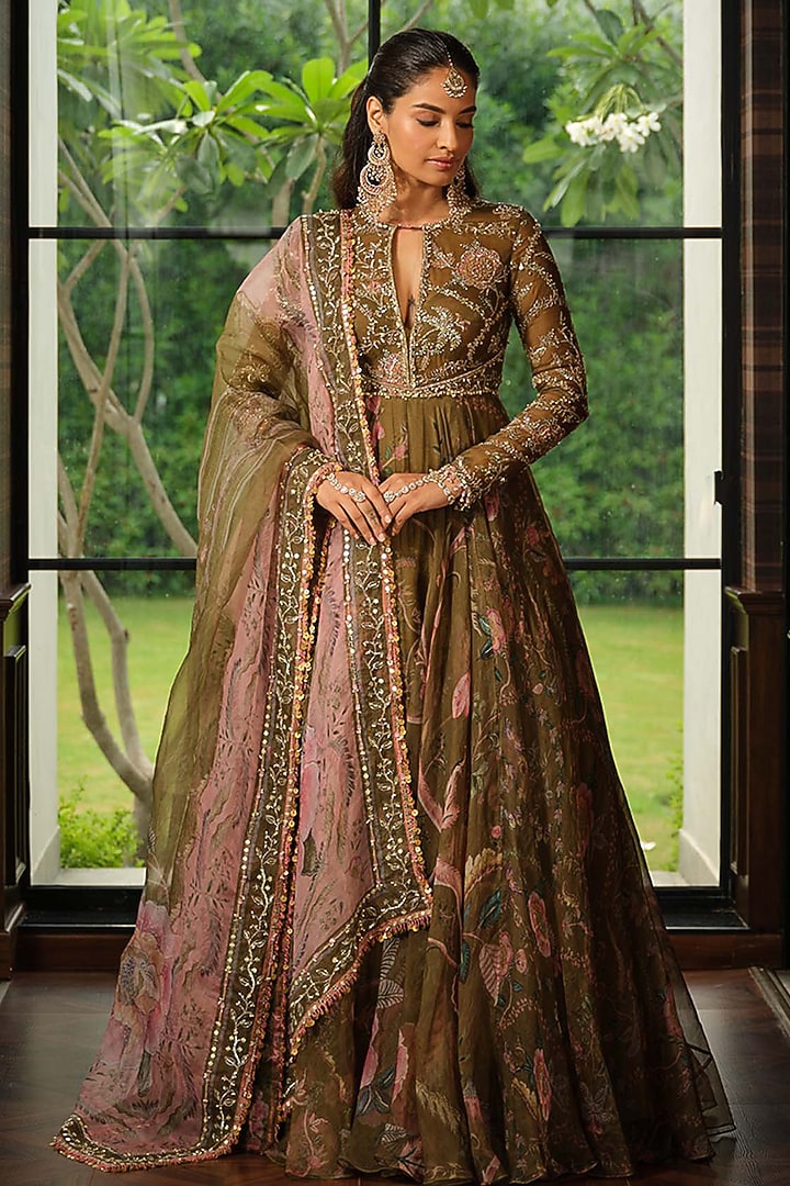 Heena Green Silk Organza Floral Printed Bridal Anarkali Set by Mahima Mahajan at Pernia's Pop Up Shop