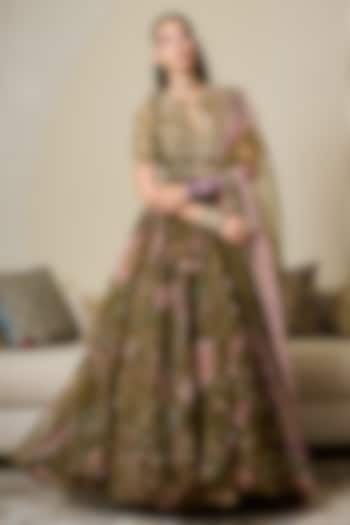 Heena Green Silk Organza Floral Printed Bridal Anarkali Set by Mahima Mahajan at Pernia's Pop Up Shop