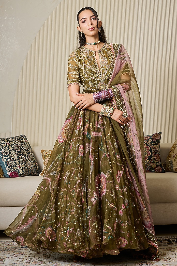 Heena Green Silk Organza Floral Printed Bridal Anarkali Set by Mahima Mahajan at Pernia's Pop Up Shop