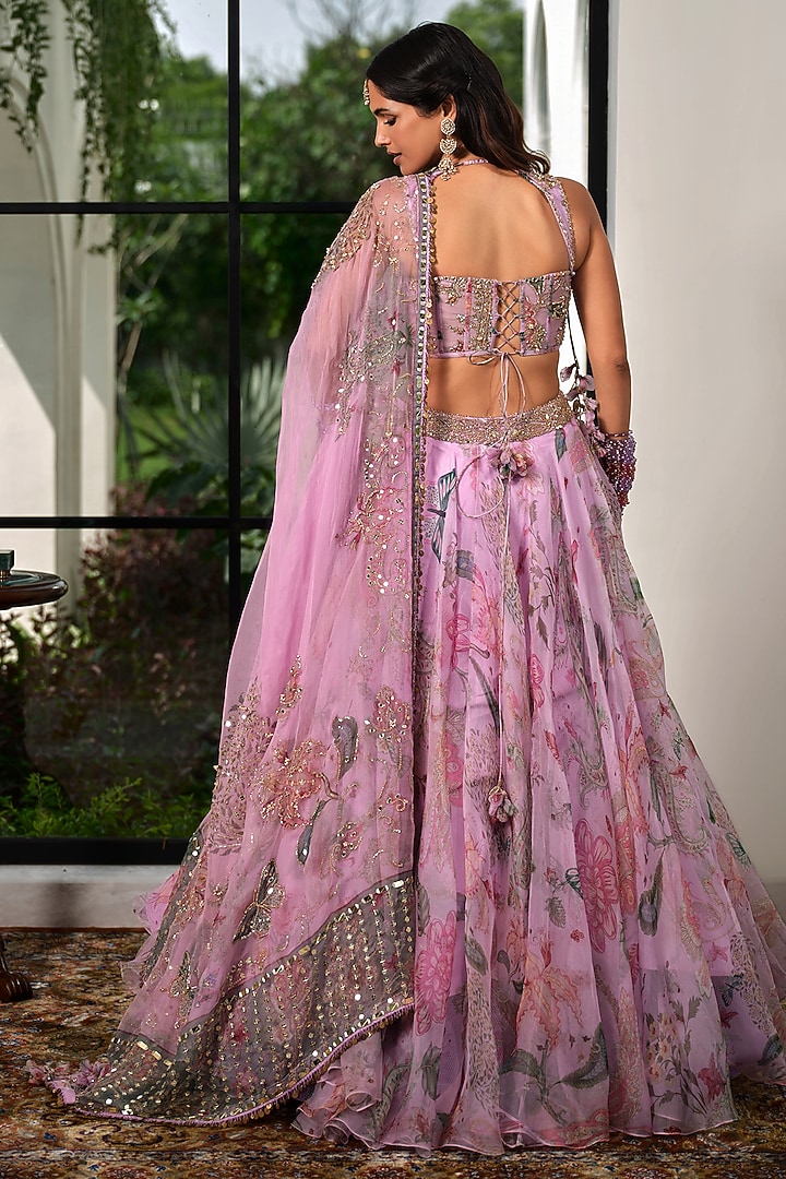 Powder Lilac Silk Organza Floral Printed Wedding Lehenga Set by Mahima Mahajan at Pernia's Pop Up Shop
