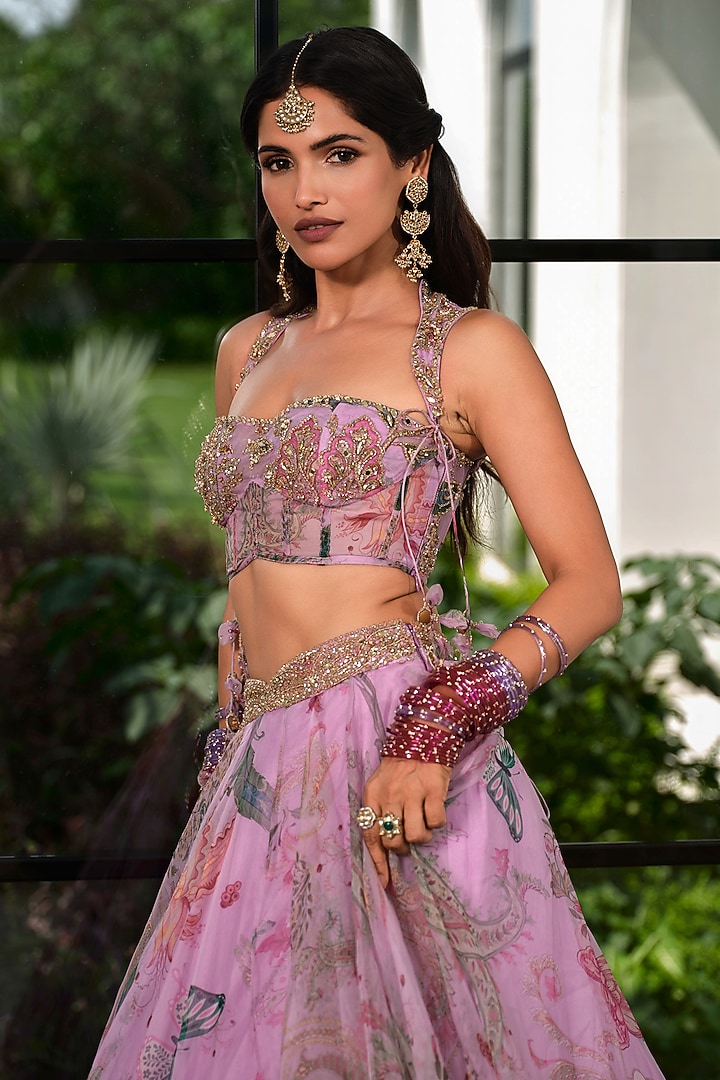 Powder Lilac Silk Organza Floral Printed Wedding Lehenga Set by Mahima Mahajan at Pernia's Pop Up Shop