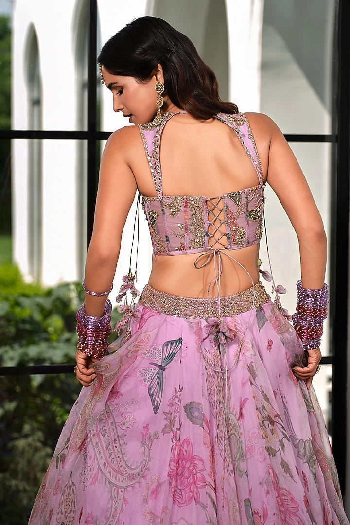 Powder Lilac Silk Organza Floral Printed Wedding Lehenga Set by Mahima Mahajan at Pernia's Pop Up Shop
