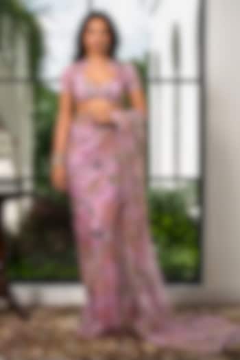 Powder Lilac Silk Organza Floral Printed Reception Saree Set by Mahima Mahajan at Pernia's Pop Up Shop