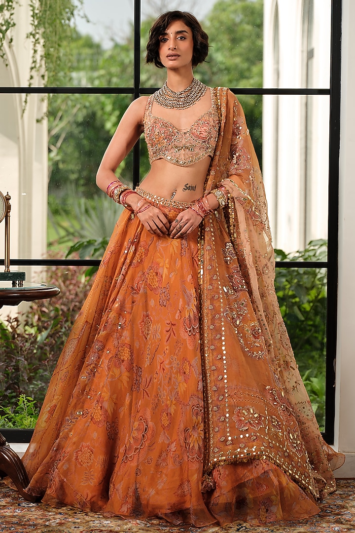 Chandan Yellow Silk Organza Floral Hand Painted Wedding Lehenga Set by Mahima Mahajan at Pernia's Pop Up Shop