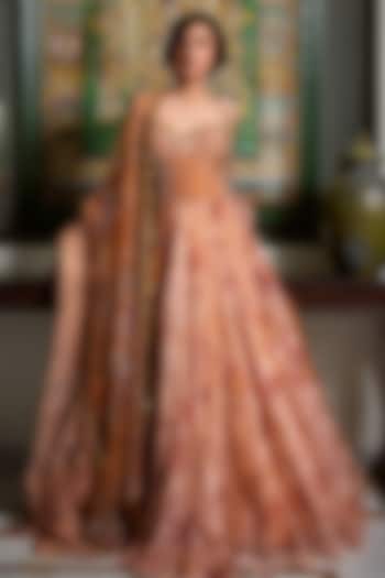 Chandan Yellow Silk Organza Printed Kalidar Bridal Anarkali Set by Mahima Mahajan at Pernia's Pop Up Shop